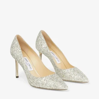 Romy 85 Champagne Pumps met grove glitterstof en spitse neus
