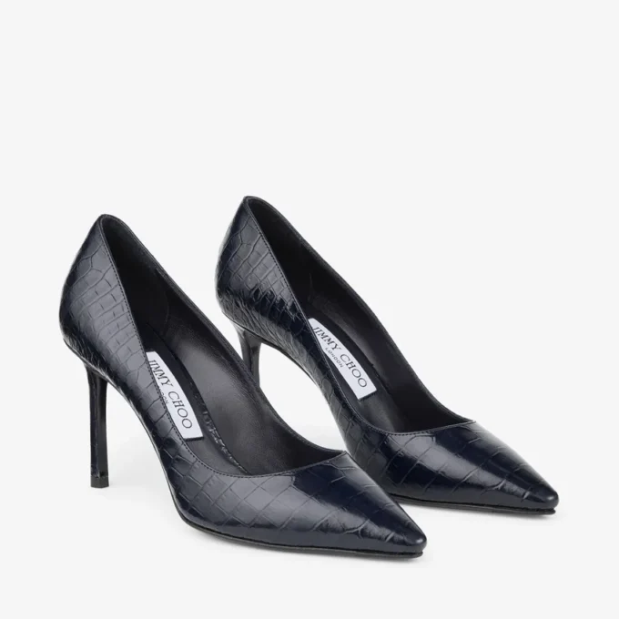Romy 85 marineblauwe pumps van leer met krokodillenreliëf Romy 85 marineblauwe pumps van leer met krokodillenreliëf
