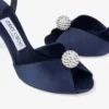 Sacora 85 marineblauwe satijnen sandalen met een met kristallen versierde bol