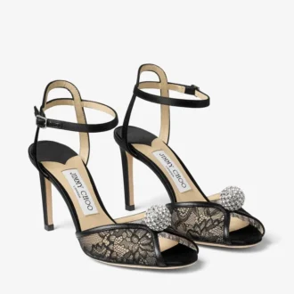 Sacora 85 zwarte kanten sandalen met een met kristallen versierde bol