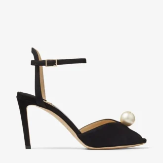 Sacora 85 zwarte suède sandalen met parelversiering