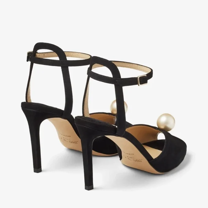 Sacora 85 zwarte suède sandalen met parelversiering
