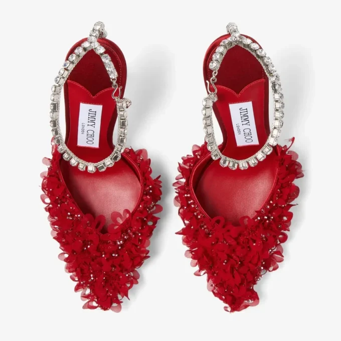 Saeda 100 robijnrode mesh-pumps met bloembladborduursel