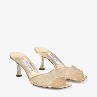 Skye 70 Goudkleurige sandalen van Illusion Crystal Mesh en Liquid Metal-leer