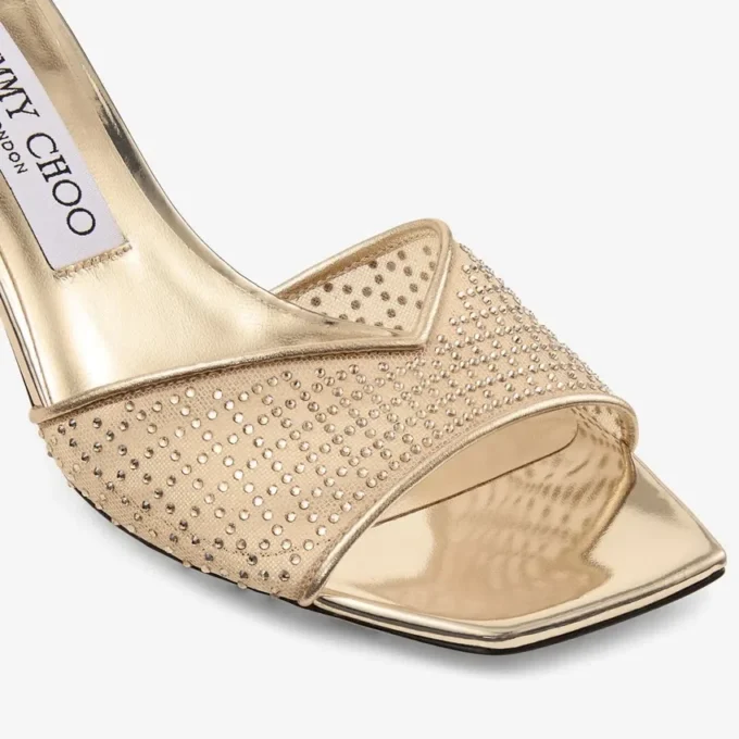 Skye 70 Goudkleurige sandalen van Illusion Crystal Mesh en Liquid Metal-leer