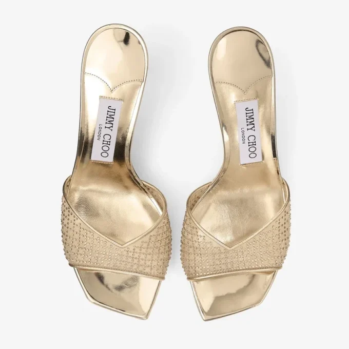 Skye 70 Goudkleurige sandalen van Illusion Crystal Mesh en Liquid Metal-leer