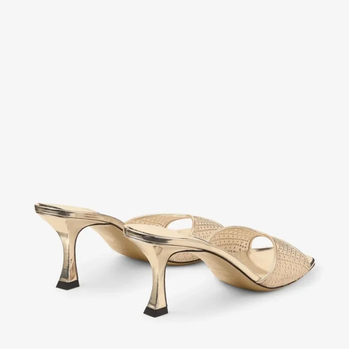 Skye 70 Goudkleurige sandalen van Illusion Crystal Mesh en Liquid Metal-leer