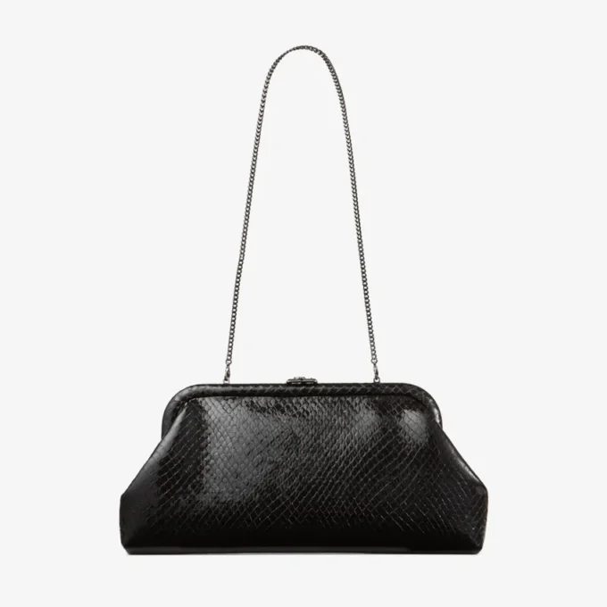 Skylar zwarte glanzende clutch van leer met slangenprint en vierkante JC-sluiting Skylar zwarte glanzende clutch van leer met slangenprint en vierkante JC-sluiting