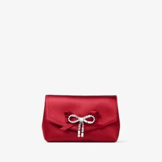 Soft Bow Mini Bag Robijnrode satijnen minitas met kristallen strik Soft Bow Mini Bag Robijnrode satijnen minitas met kristallen strik
