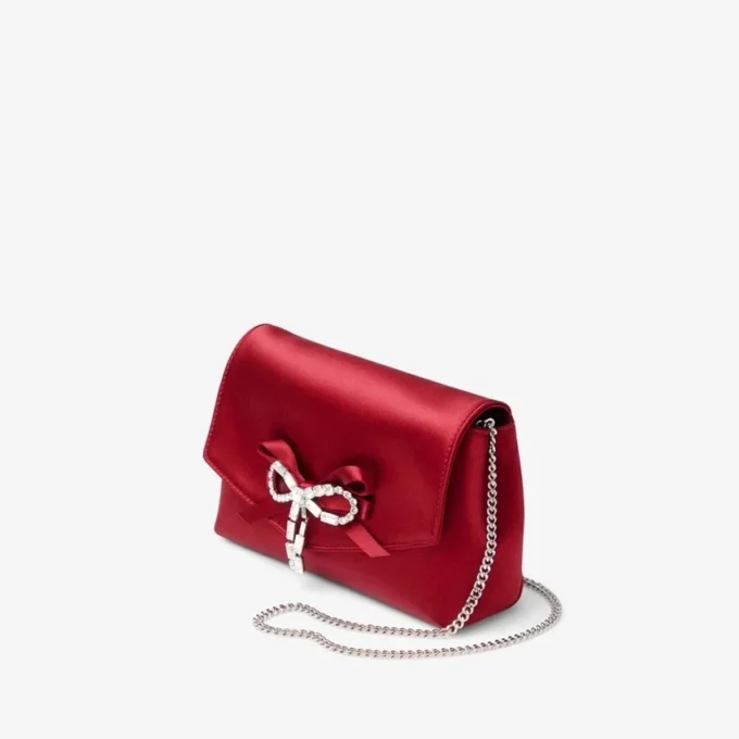 Soft Bow Mini Bag Robijnrode satijnen minitas met kristallen strik