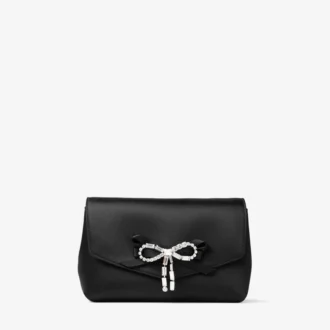Soft Bow Mini Bag Zwarte satijnen mini-tas met kristallen strik Soft Bow Mini Bag Zwarte satijnen mini-tas met kristallen strik