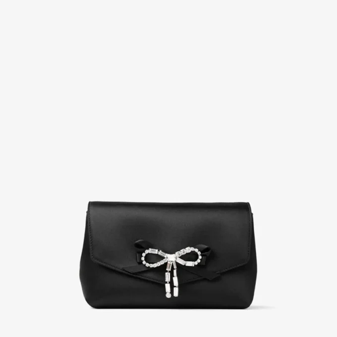 Soft Bow Mini Bag Zwarte satijnen mini-tas met kristallen strik