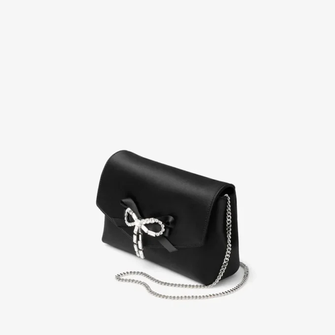Soft Bow Mini Bag Zwarte satijnen mini-tas met kristallen strik