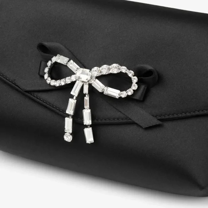 Soft Bow Mini Bag Zwarte satijnen mini-tas met kristallen strik