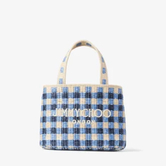 Strandtas East-West Mini Marine Mix en Ecru Gingham Raffia Mini Strandtas met handvat