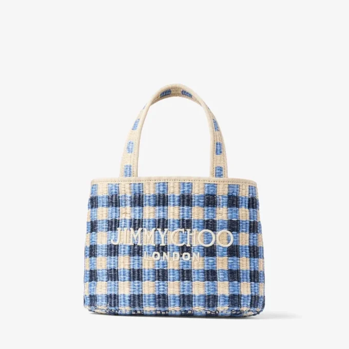 Strandtas East-West Mini Marine Mix en Ecru Gingham Raffia Mini Strandtas met handvat Strandtas East-West Mini Marine Mix en Ecru Gingham Raffia Mini Strandtas met handvat