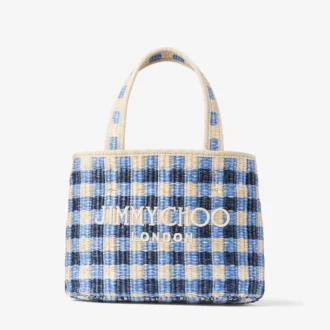 Strandtas East-West Mini Marine Mix en Ecru Gingham Raffia Mini Strandtas met handvat