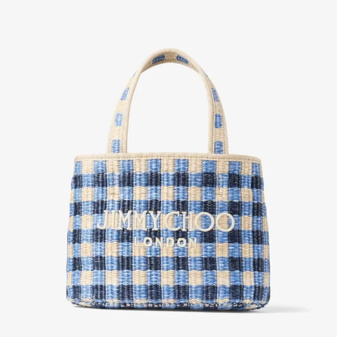 Strandtas East-West Mini Marine Mix en Ecru Gingham Raffia Mini Strandtas met handvat Strandtas East-West Mini Marine Mix en Ecru Gingham Raffia Mini Strandtas met handvat