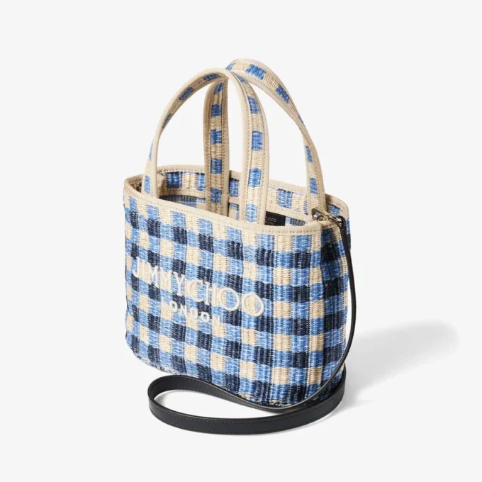 Strandtas East-West Mini Marine Mix en Ecru Gingham Raffia Mini Strandtas met handvat Strandtas East-West Mini Marine Mix en Ecru Gingham Raffia Mini Strandtas met handvat