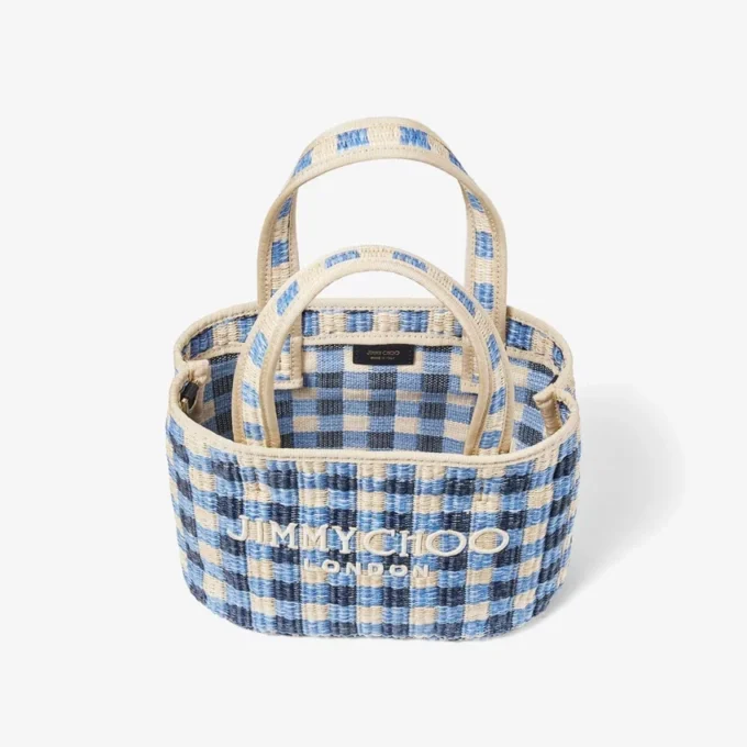 Strandtas East-West Mini Marine Mix en Ecru Gingham Raffia Mini Strandtas met handvat Strandtas East-West Mini Marine Mix en Ecru Gingham Raffia Mini Strandtas met handvat