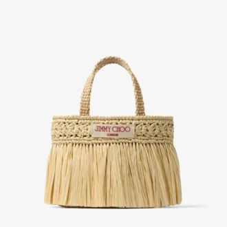 Strandtas East-West Mini Natuurlijke en lichtgouden geweven raffia mini-strandtas met franjes