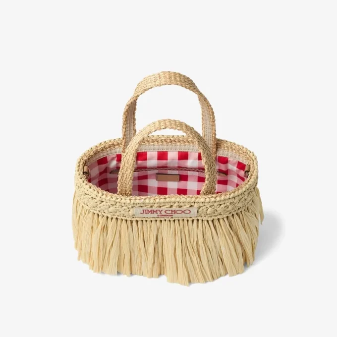 Strandtas East-West Mini Natuurlijke en lichtgouden geweven raffia mini-strandtas met franjes Strandtas East-West Mini Natuurlijke en lichtgouden geweven raffia mini-strandtas met franjes