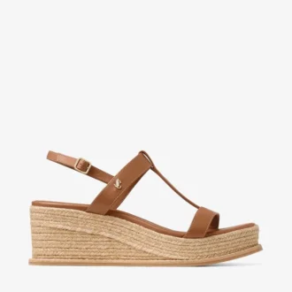 Theia Wedge 60 Tan leren sleehak sandalen