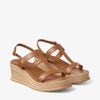 Theia Wedge 60 Tan leren sleehak sandalen