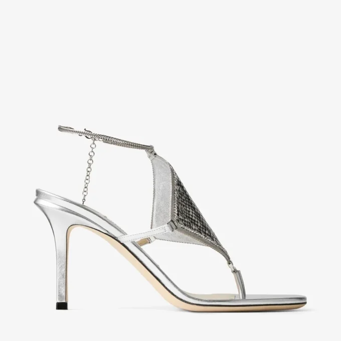 Tong Metallic Nappa Leren Sandaal met Metalen Gaas Tong Metallic Nappa Leren Sandaal met Metalen Gaas