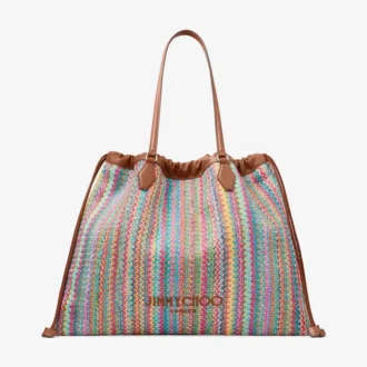 Tote met trekkoord, groot Tote met trekkoord van raffia in multi en tan met chevronpatroon en lederen afwerking