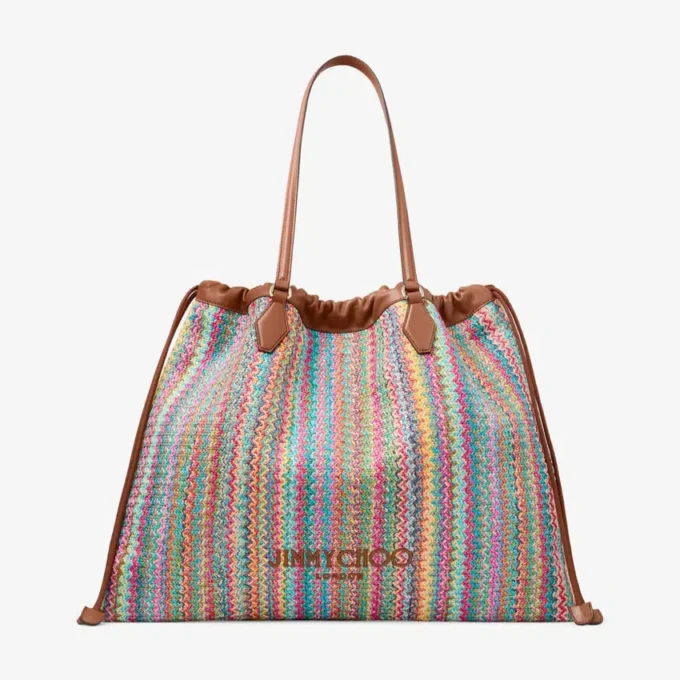 Tote met trekkoord, groot Tote met trekkoord van raffia in multi en tan met chevronpatroon en lederen afwerking Tote met trekkoord, groot Tote met trekkoord van raffia in multi en tan met chevronpatroon en lederen afwerking