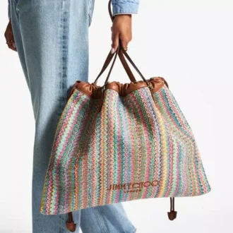 Tote met trekkoord, groot Tote met trekkoord van raffia in multi en tan met chevronpatroon en lederen afwerking