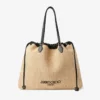 Tote met trekkoord Grote natuurlijke zachte raffia-tote met afwerking van glad kalfsleer Tote met trekkoord Grote natuurlijke zachte raffia-tote met afwerking van glad kalfsleer