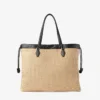Tote met trekkoord Grote natuurlijke zachte raffia-tote met afwerking van glad kalfsleer Tote met trekkoord Grote natuurlijke zachte raffia-tote met afwerking van glad kalfsleer