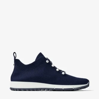 Veles marineblauwe sneakers van gemêleerd kasjmierbreisel met parelknopen