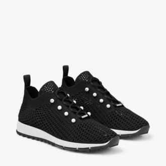 Veles zwarte lage sneakers van gehaakt breisel met parels