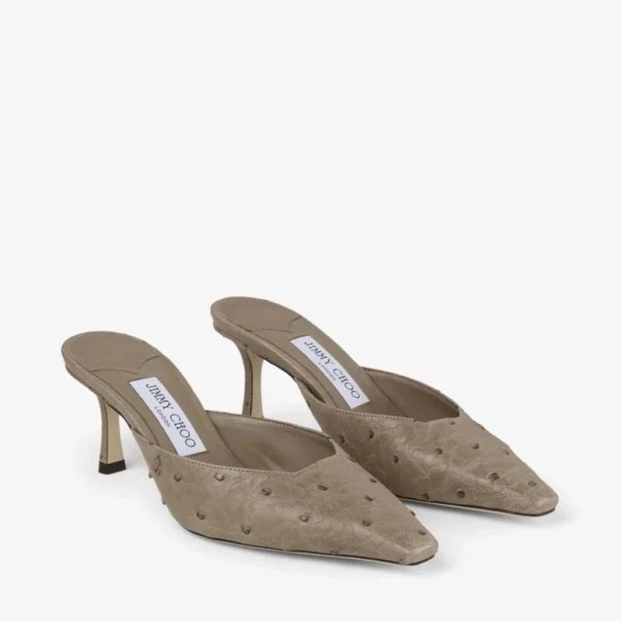 Vivi 65 taupe muiltjes van struisvogelleer Vivi 65 taupe muiltjes van struisvogelleer