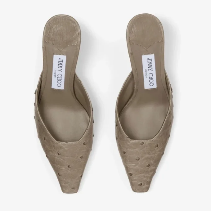 Vivi 65 taupe muiltjes van struisvogelleer Vivi 65 taupe muiltjes van struisvogelleer