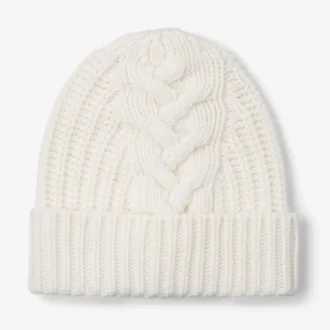 Yuki Cable Latte kabelgebreide beanie met leren logolabel