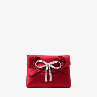 Zachte kaarthouder met ketting Robijnrode satijnen kaarthouder met kristallen strik