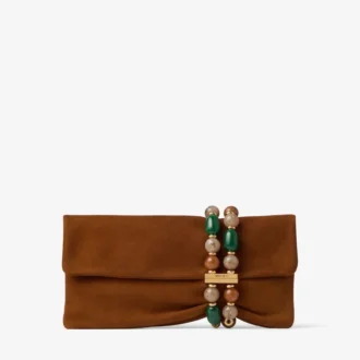 Zandra tan suède clutch met kralenarmband