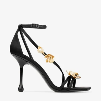 Zea 95 zwarte satijnen sandalen met metalen bloemen