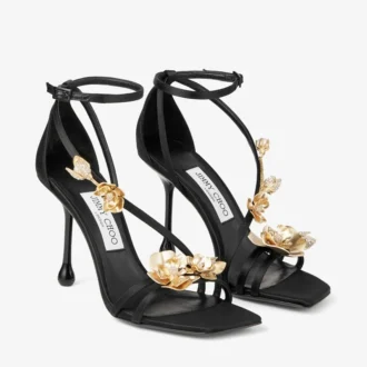 Zea 95 zwarte satijnen sandalen met metalen bloemen