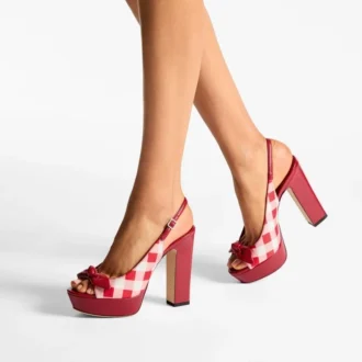Ziva 120 Ruby Red Mix Gingham katoenen plateausandalen met strik