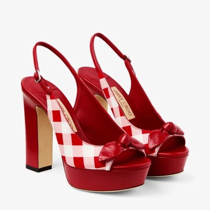 Ziva 120 Ruby Red Mix Gingham katoenen plateausandalen met strik Ziva 120 Ruby Red Mix Gingham katoenen plateausandalen met strik
