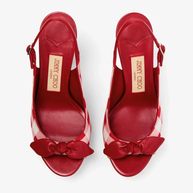 Ziva 120 Ruby Red Mix Gingham katoenen plateausandalen met strik Ziva 120 Ruby Red Mix Gingham katoenen plateausandalen met strik